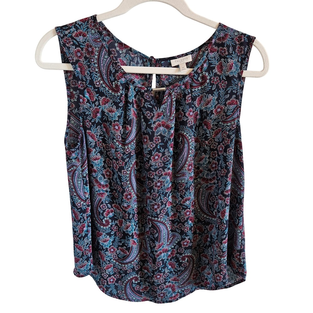 Talbots Womens Paisley Floral Sleeveless Blouse Blue Pink Bar Neck Shell Size M